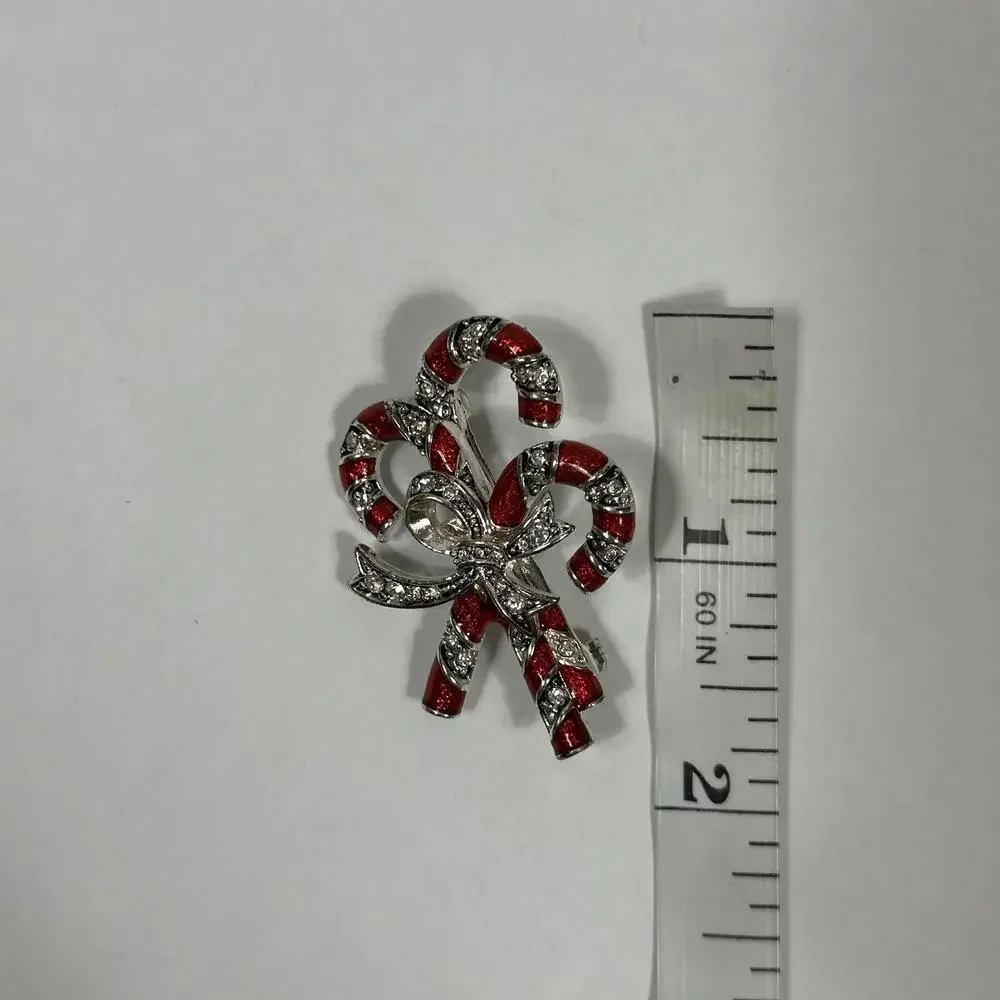 Monet Red and Silver Toned Christmas Candy Cane Brooch with‎ Clear CZ